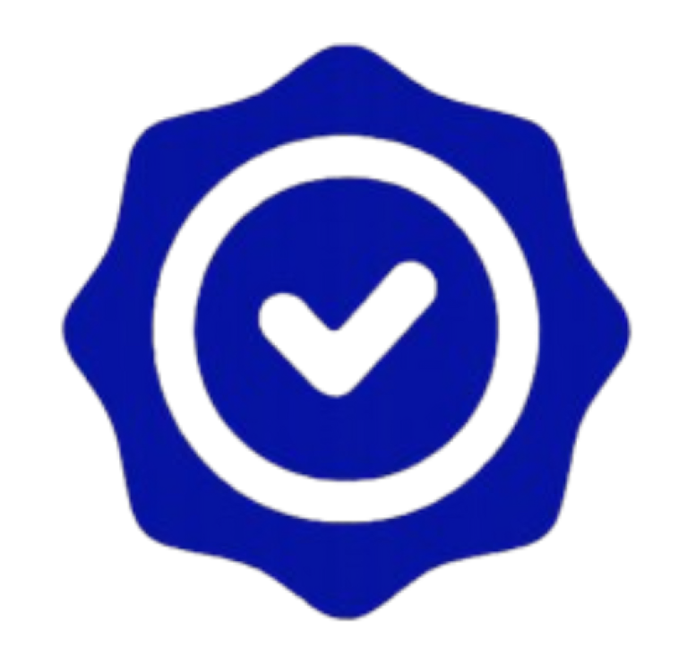 Blue scalloped badge with a black checkmark in the center on a black background, indicating verification or approval.