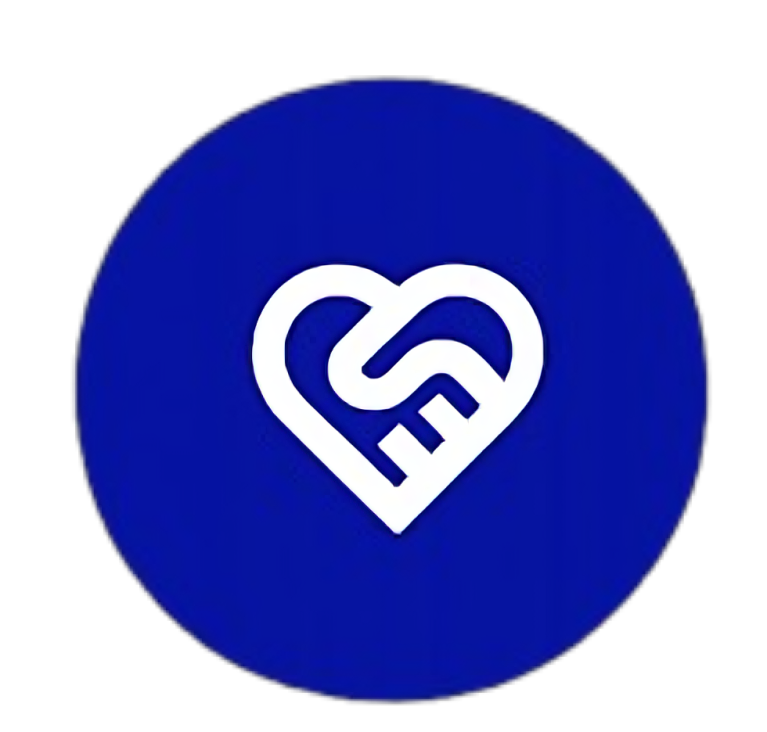 White interwoven-heart logo centered on a blue circular background.