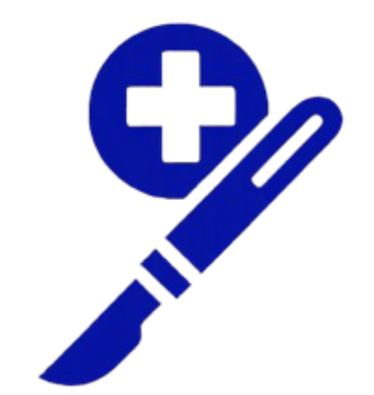 Blue medical cross inside a circle with a blue scalpel icon over a black background, indicating medical/surgical tools