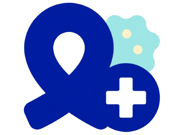 Blue medical help icon: a large blue 'Q' shape with a white plus sign, and a light teal gear-like shape behind it.