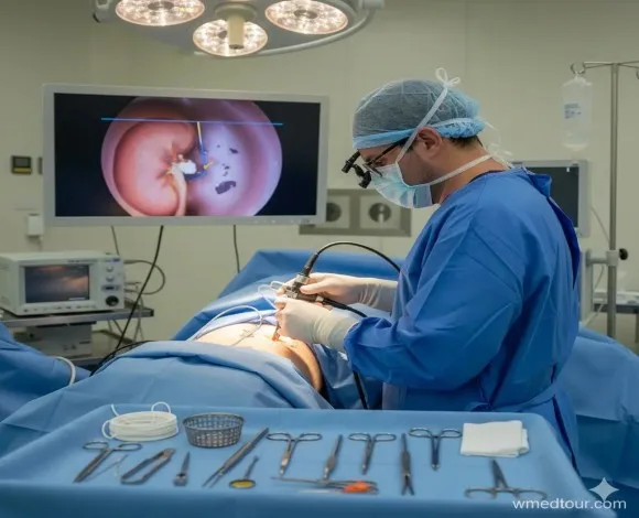 Surgeon in blue scrubs performing laparoscopic surgery while monitor shows internal view of the operation site.