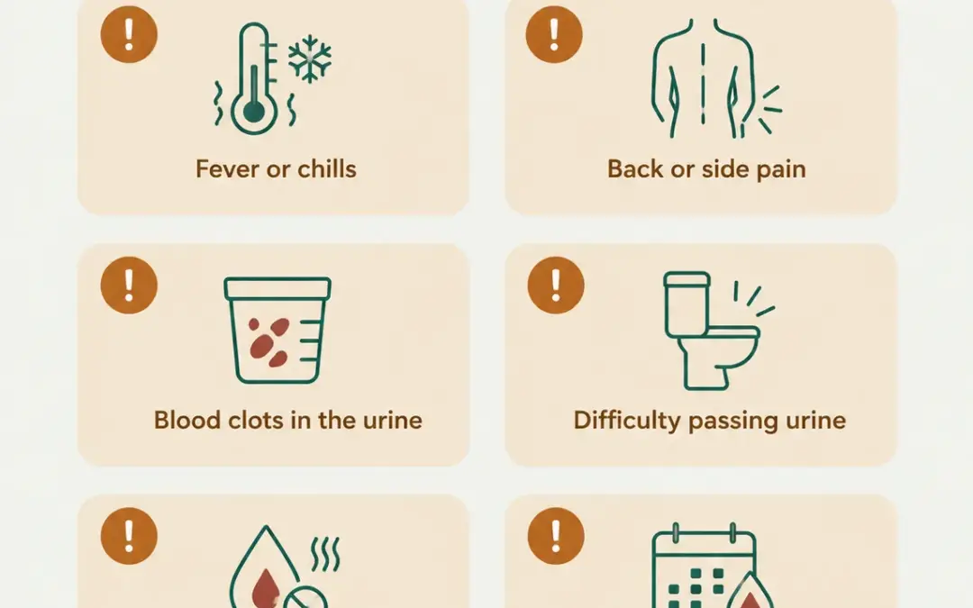 Symptoms that can occur with a bladder infection: burning urination, frequent urgency, lower belly pressure, cloudy urine, fever or chills, back or side pain